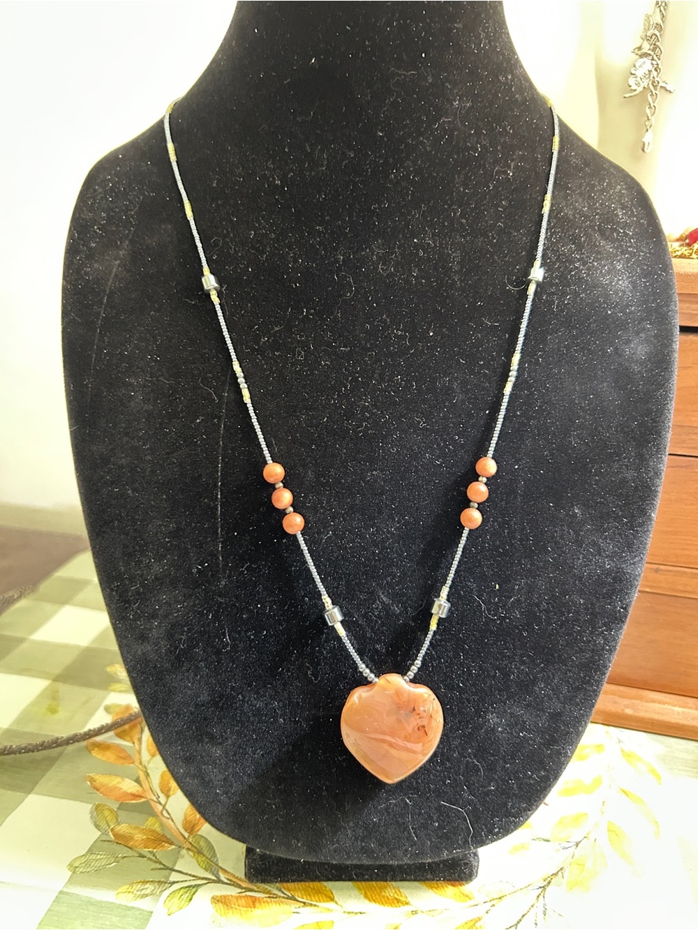 Carnelian Heart Pendant Beaded Necklace